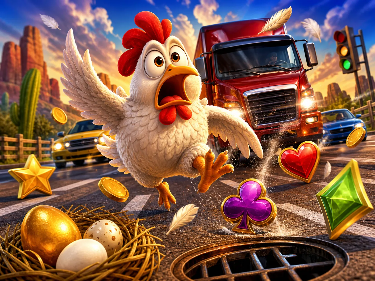 Funny chicken characters navigating a busy road in Chicken Road slot game.
