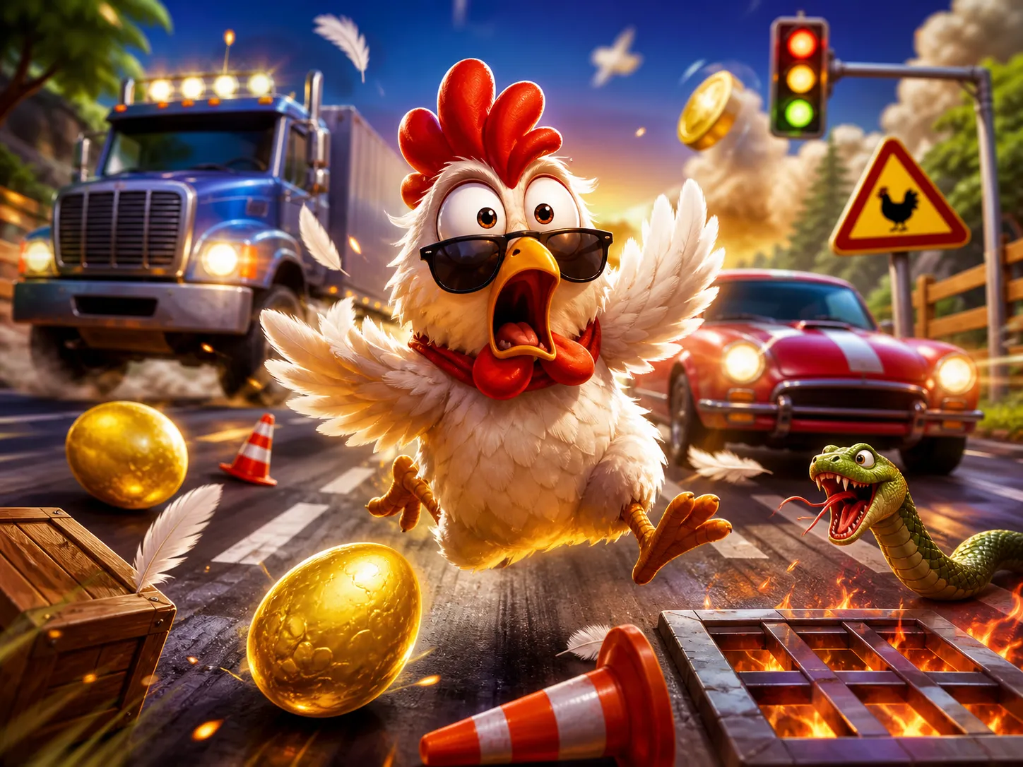 Funny chicken character and road scene from the Chicken Road slot game.