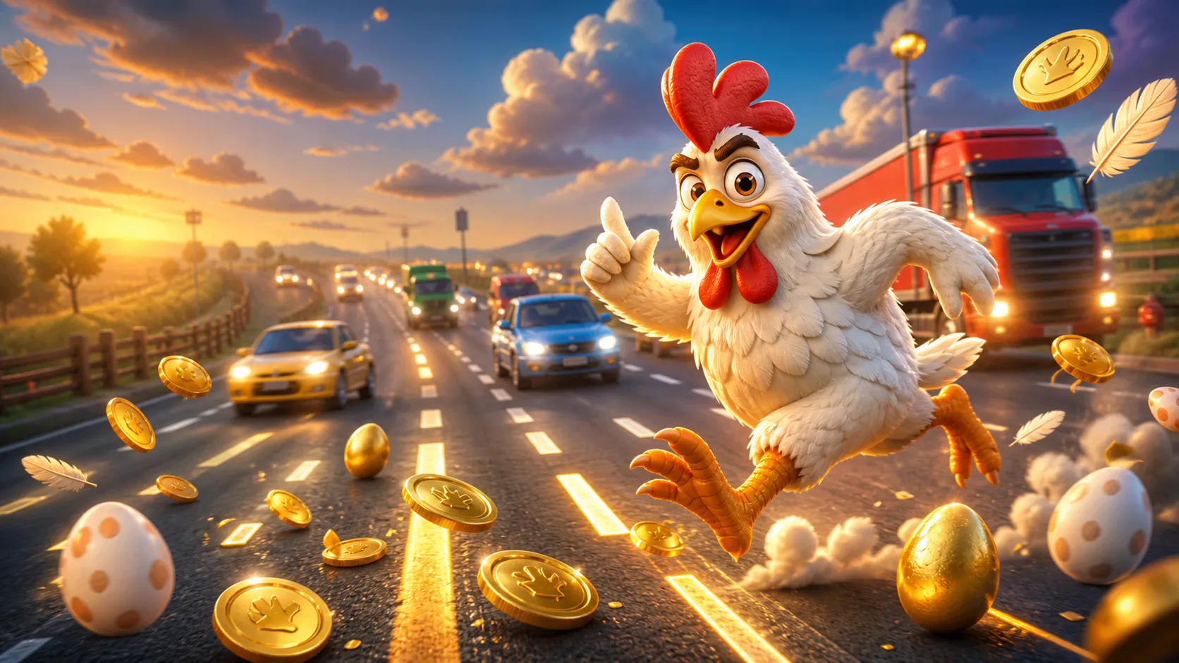 Colorful 3D chicken crossing a road with coins and eggs in dynamic game scene.